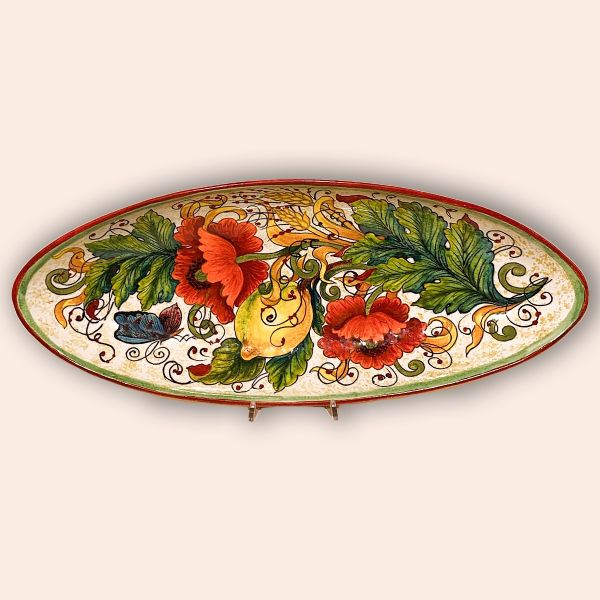 LARGER NAIL-SHAPED FISH TRAY WITH POPPIES AND EAR OF CORN CM.58X24